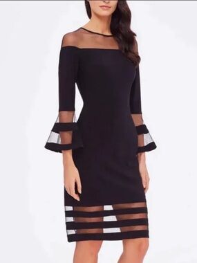 Betsy & Adam Bell Sleeve Illusion Fitted Sheath Dress in Black, Cocktail Sz 8P